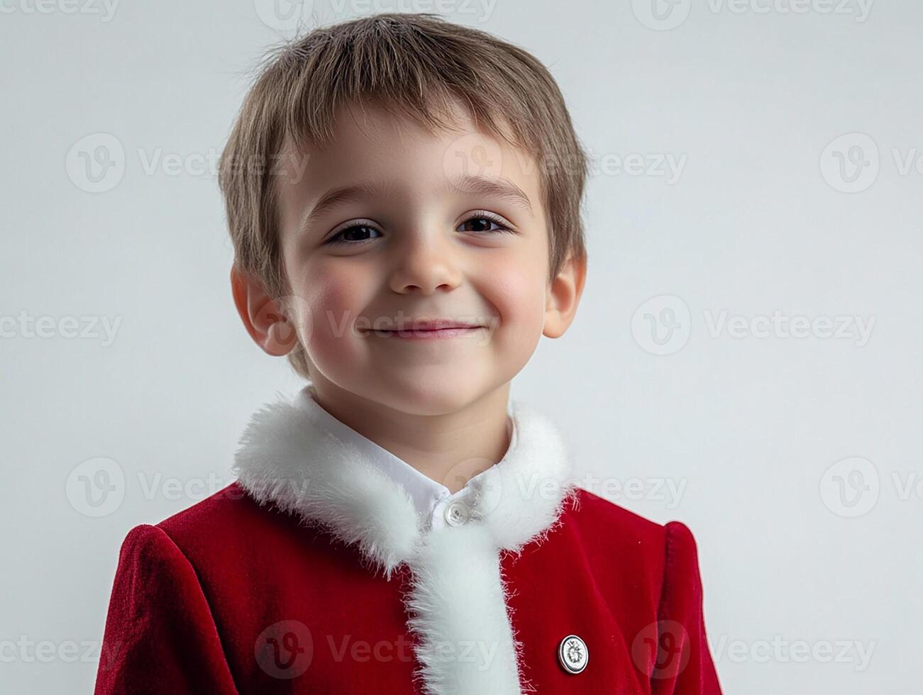 A young boy in a santa suit smiling photo