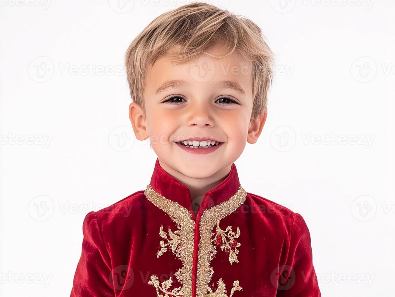 A young boy in a red velvet suit smiling photo