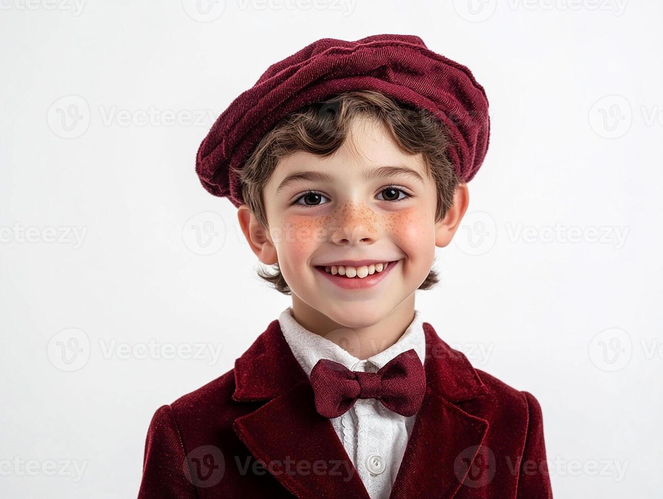 A young boy in a red suit and a red beret photo