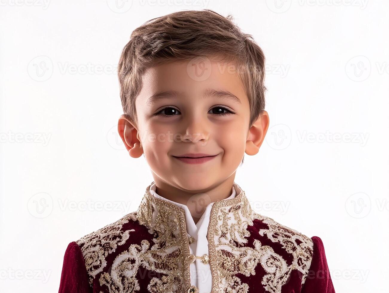 A young boy in a red and gold outfit photo