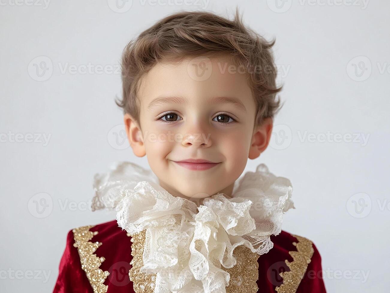 A young boy in a red and gold costume photo