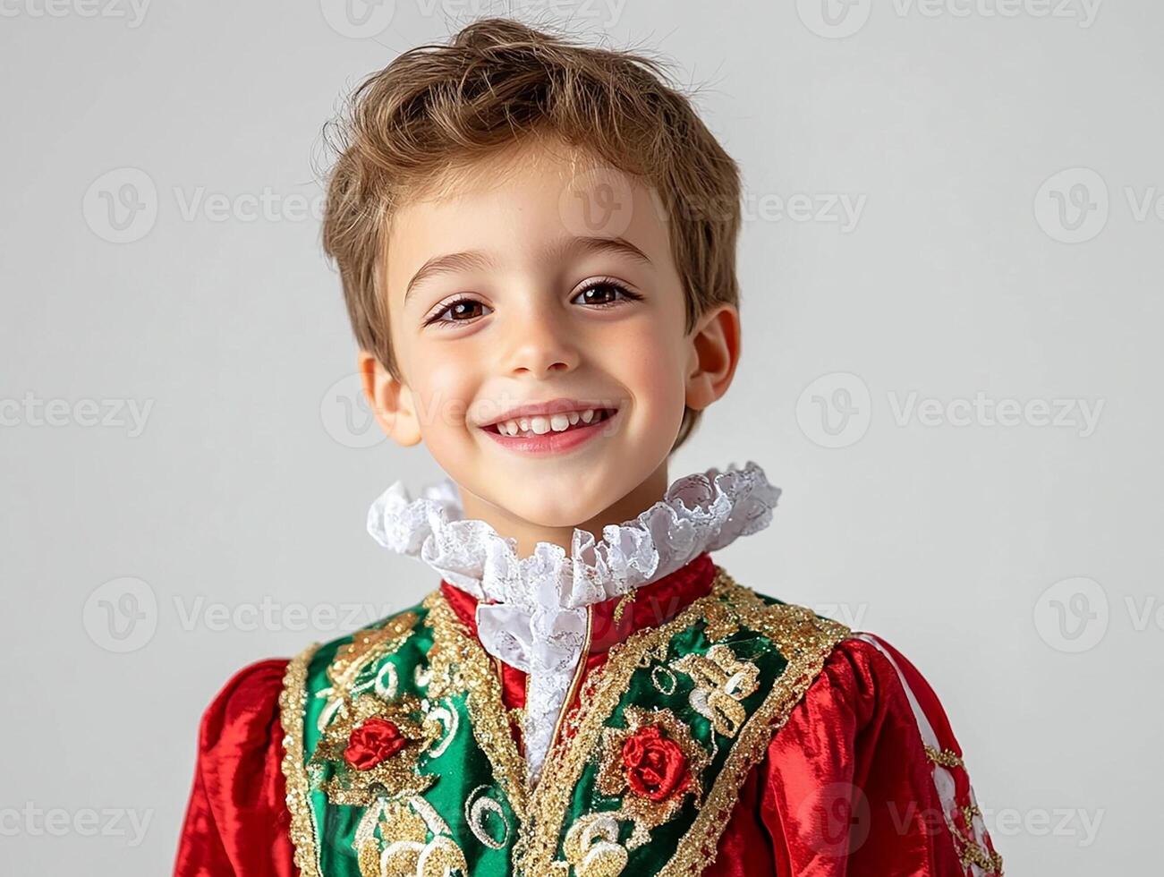 A boy in a traditional costume poses for a photo