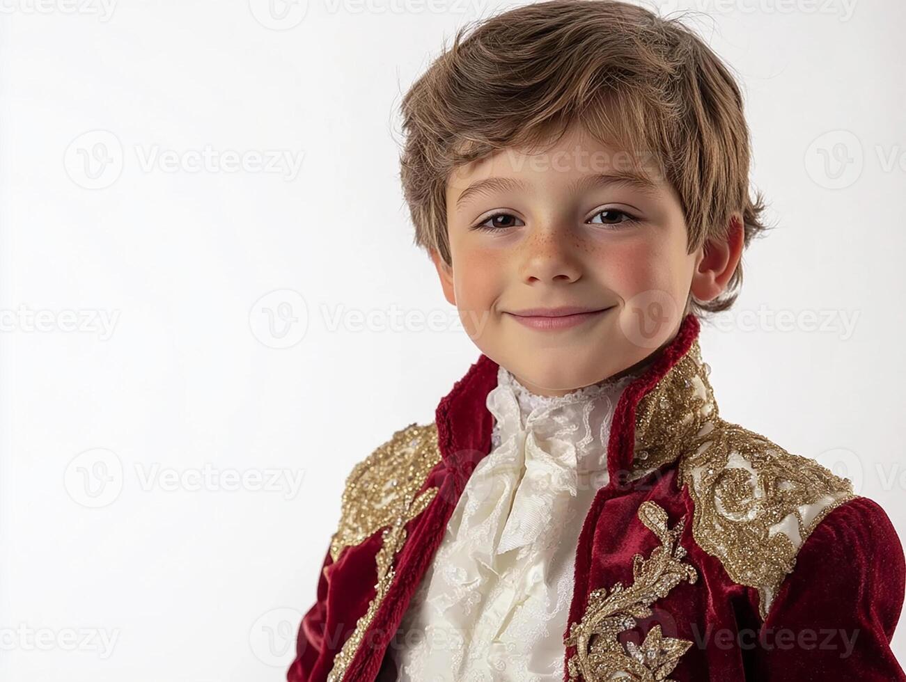 A young boy in a red velvet suit with gold trim photo