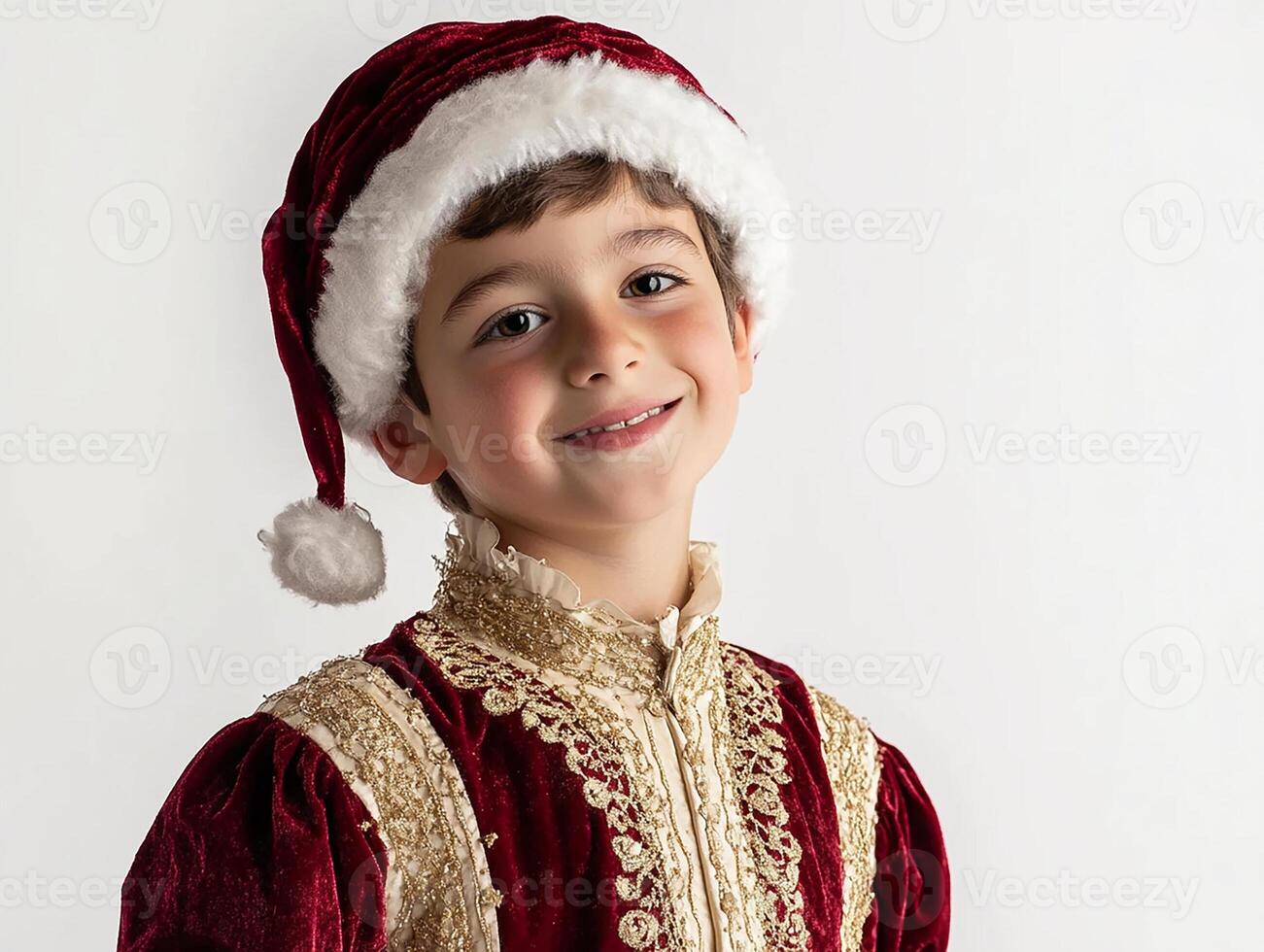 A young boy in a santa hat and red velvet outfit photo