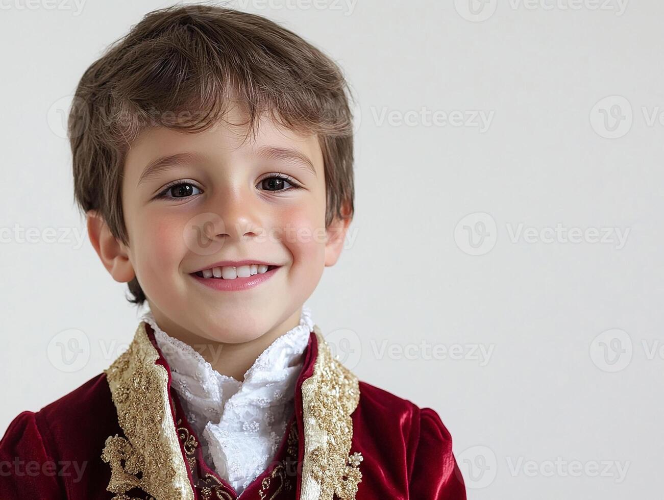 A young boy in a red velvet suit smiling photo