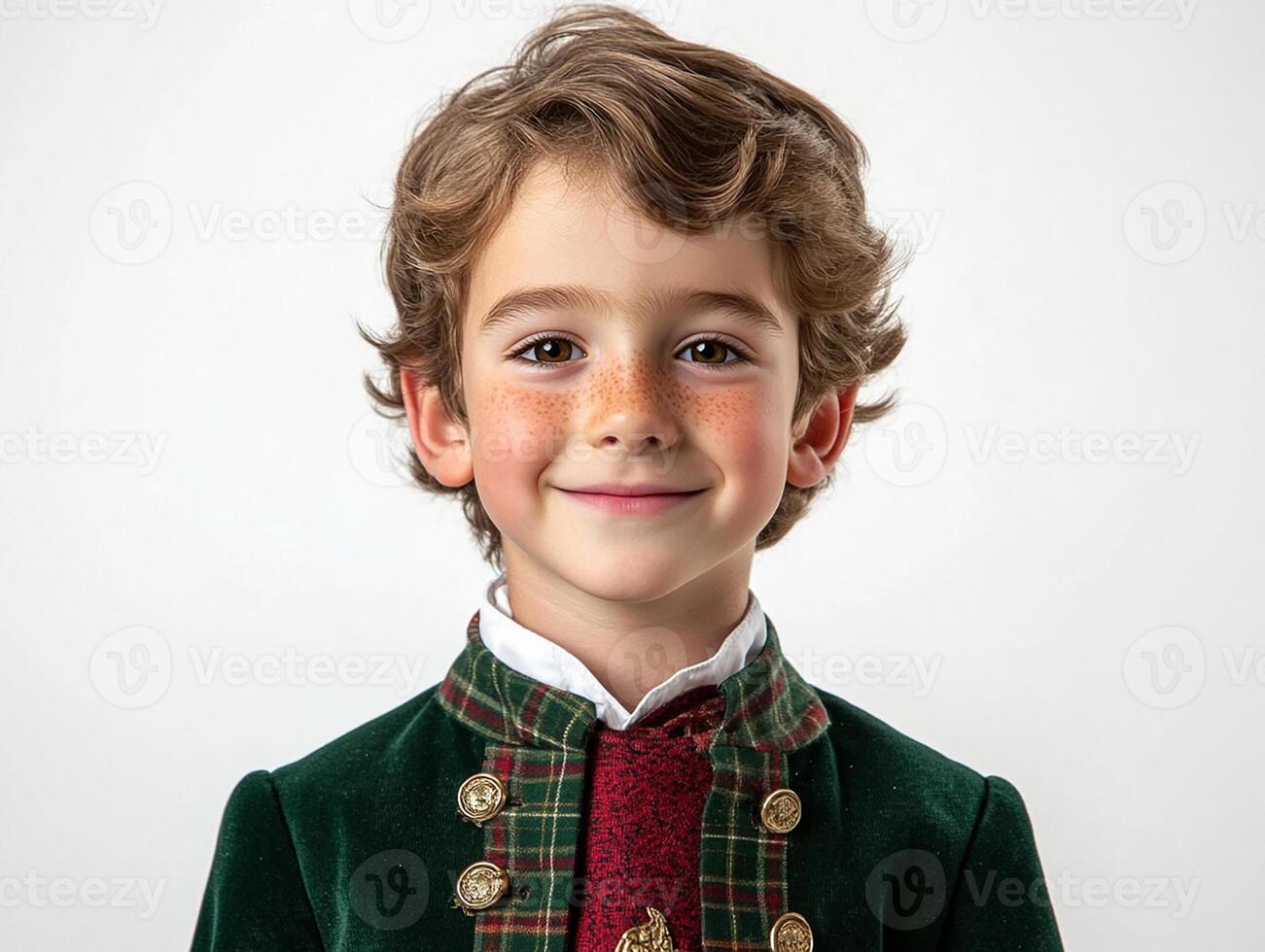 A young boy in a green suit and red tie photo