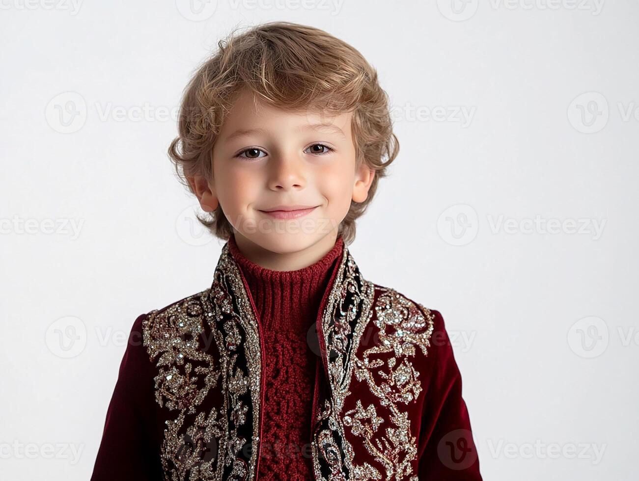 A young boy in a red velvet jacket and sweater photo
