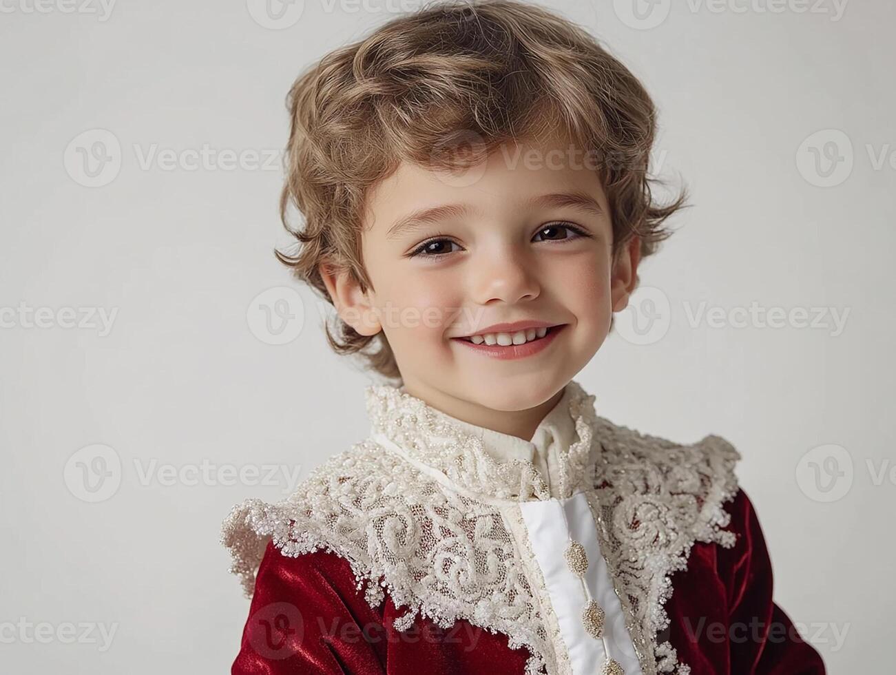 A little boy in a red velvet dress and white lace photo