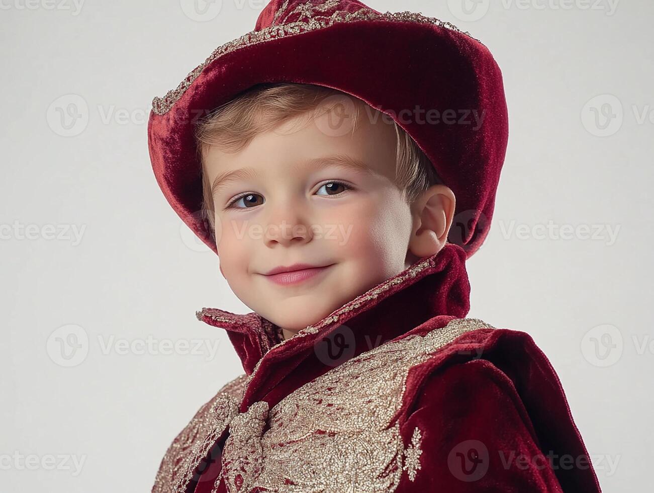 A young boy in a red velvet costume photo
