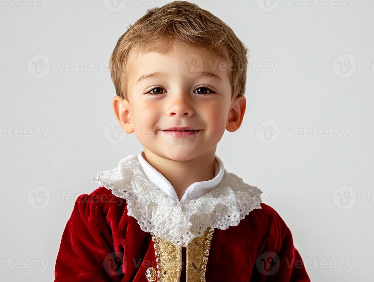 A young boy in a red velvet costume photo