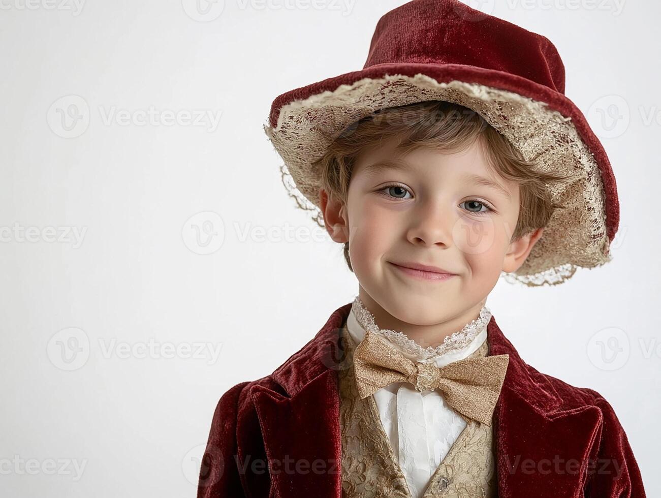 A young boy in a red velvet suit and hat photo
