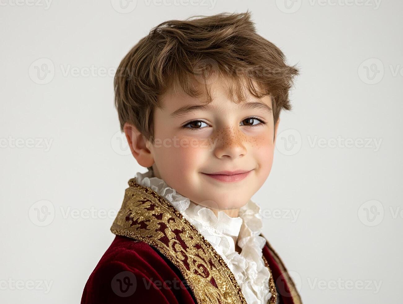 A young boy in a red velvet suit and gold trim photo