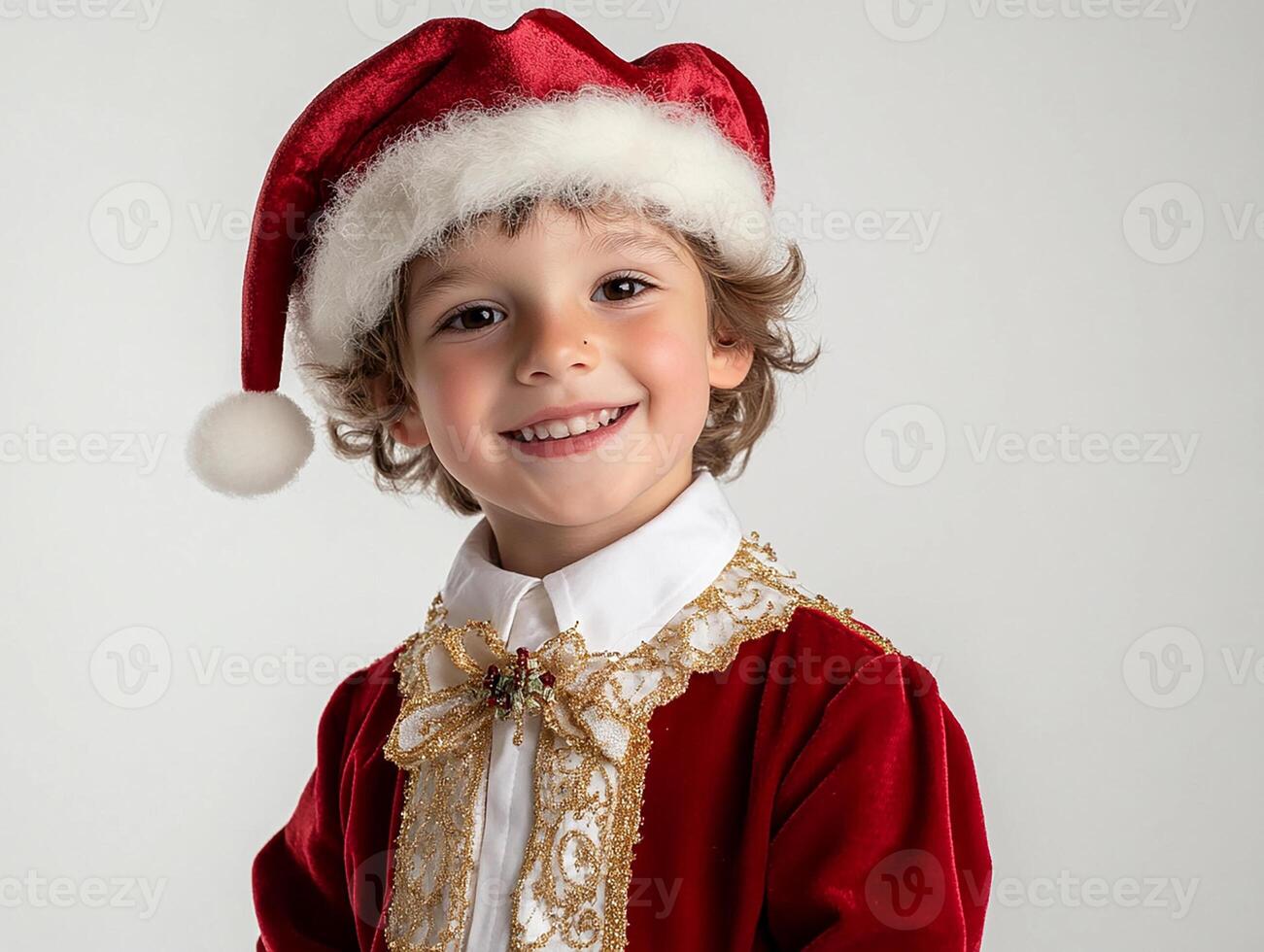 A young boy in a santa hat and suit photo
