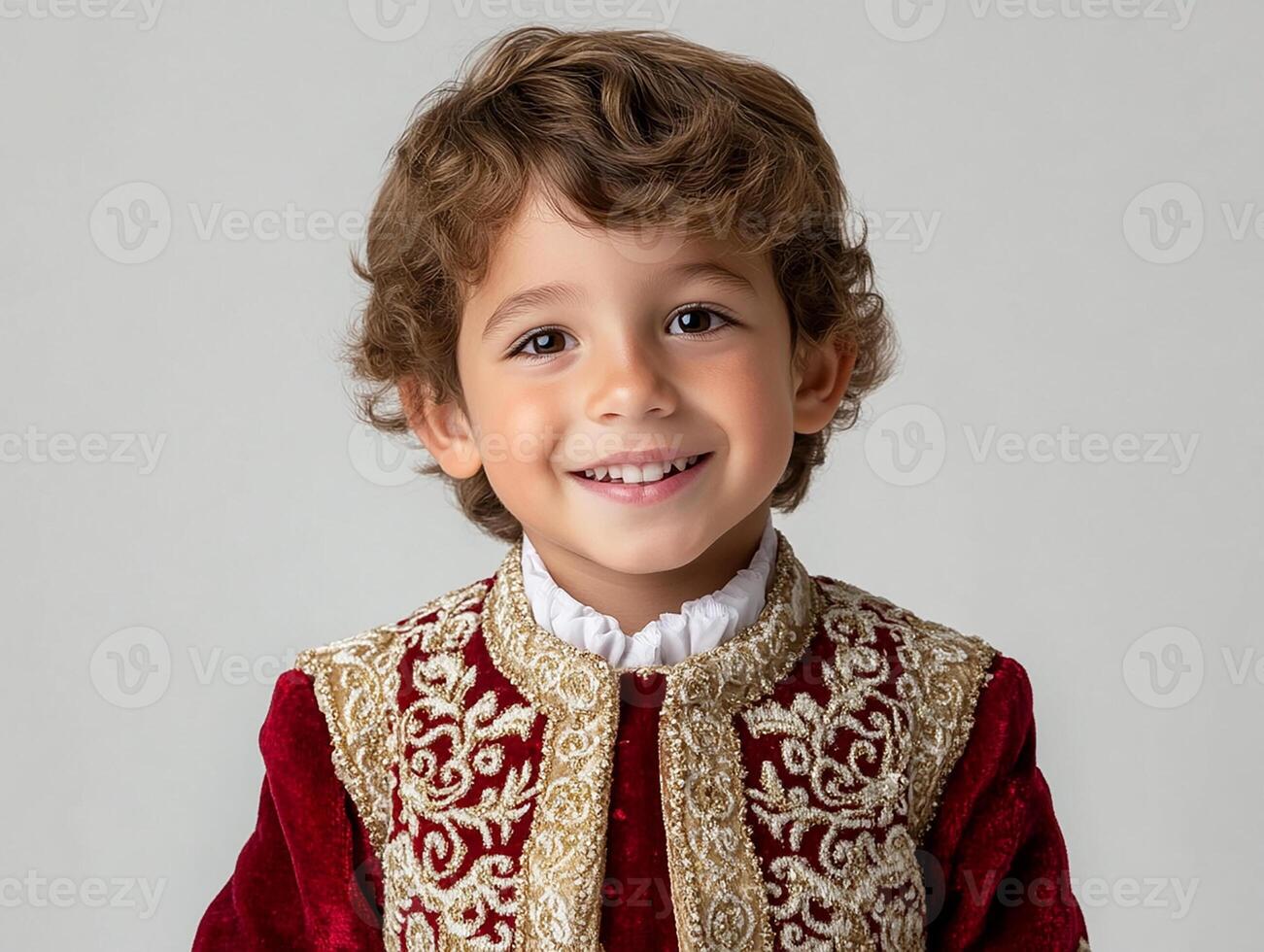 A young boy in a red velvet suit with gold trim photo