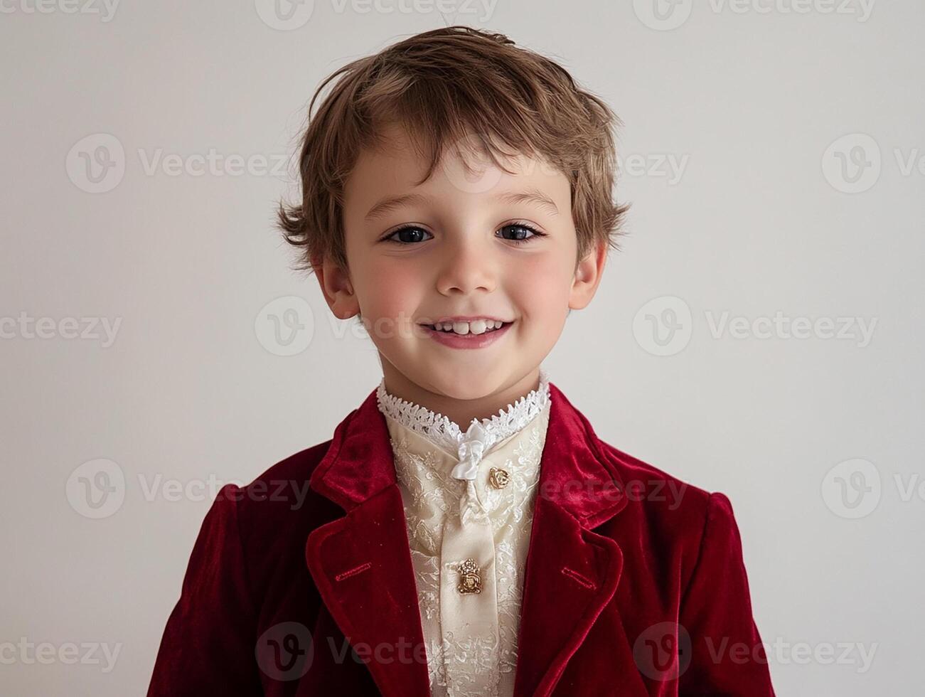 A young boy in a red velvet jacket and white shirt photo
