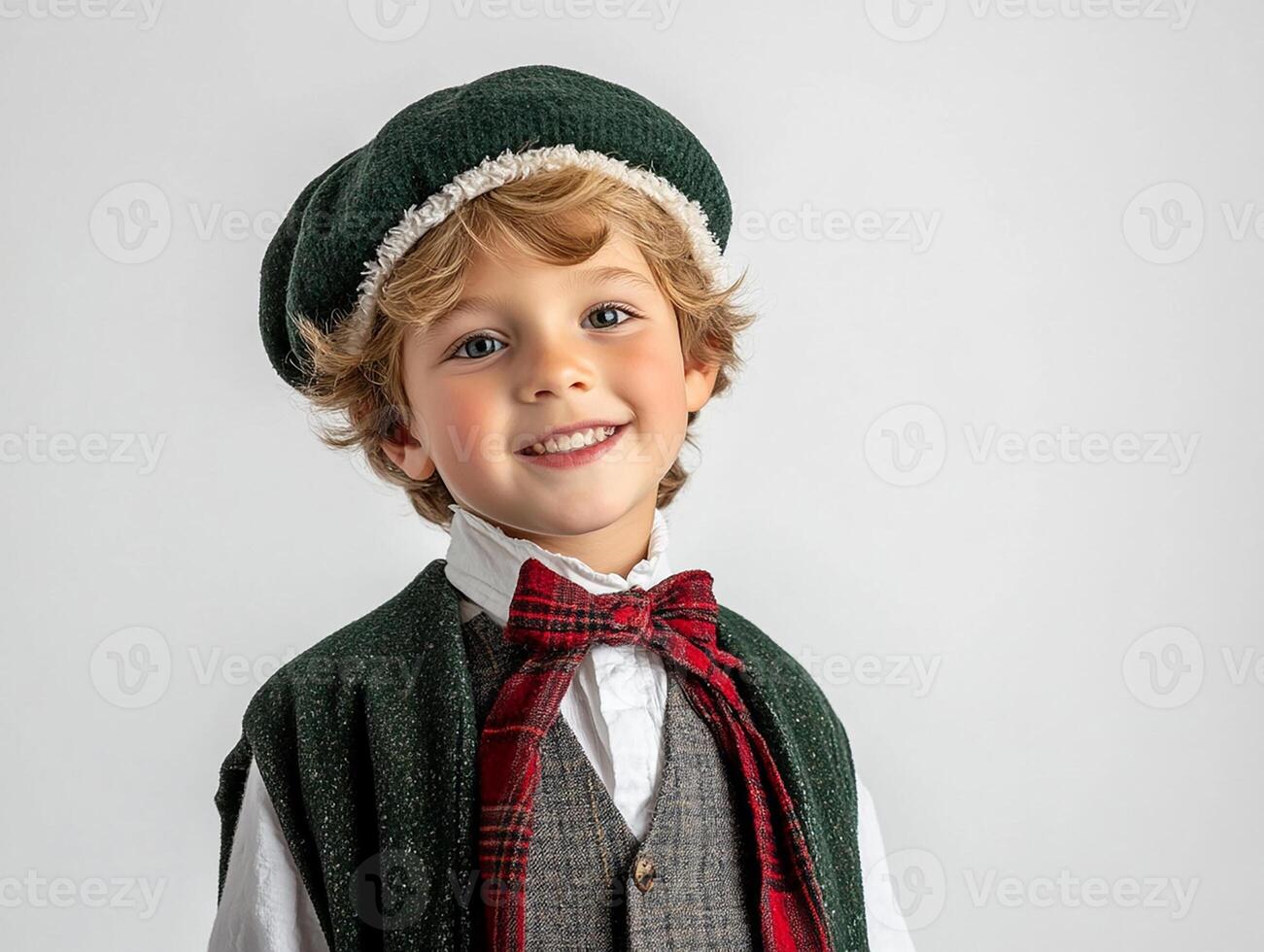 A young boy in a green hat and vest photo