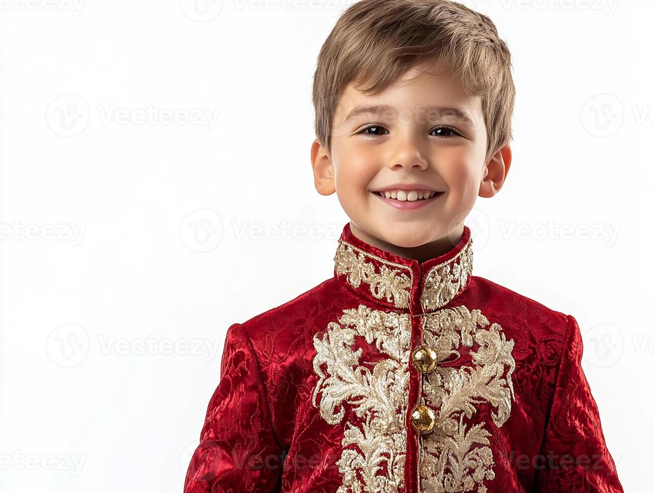 A young boy in a red and gold outfit photo