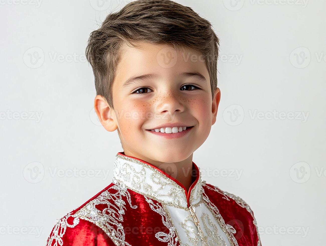 A young boy in a red and white outfit photo