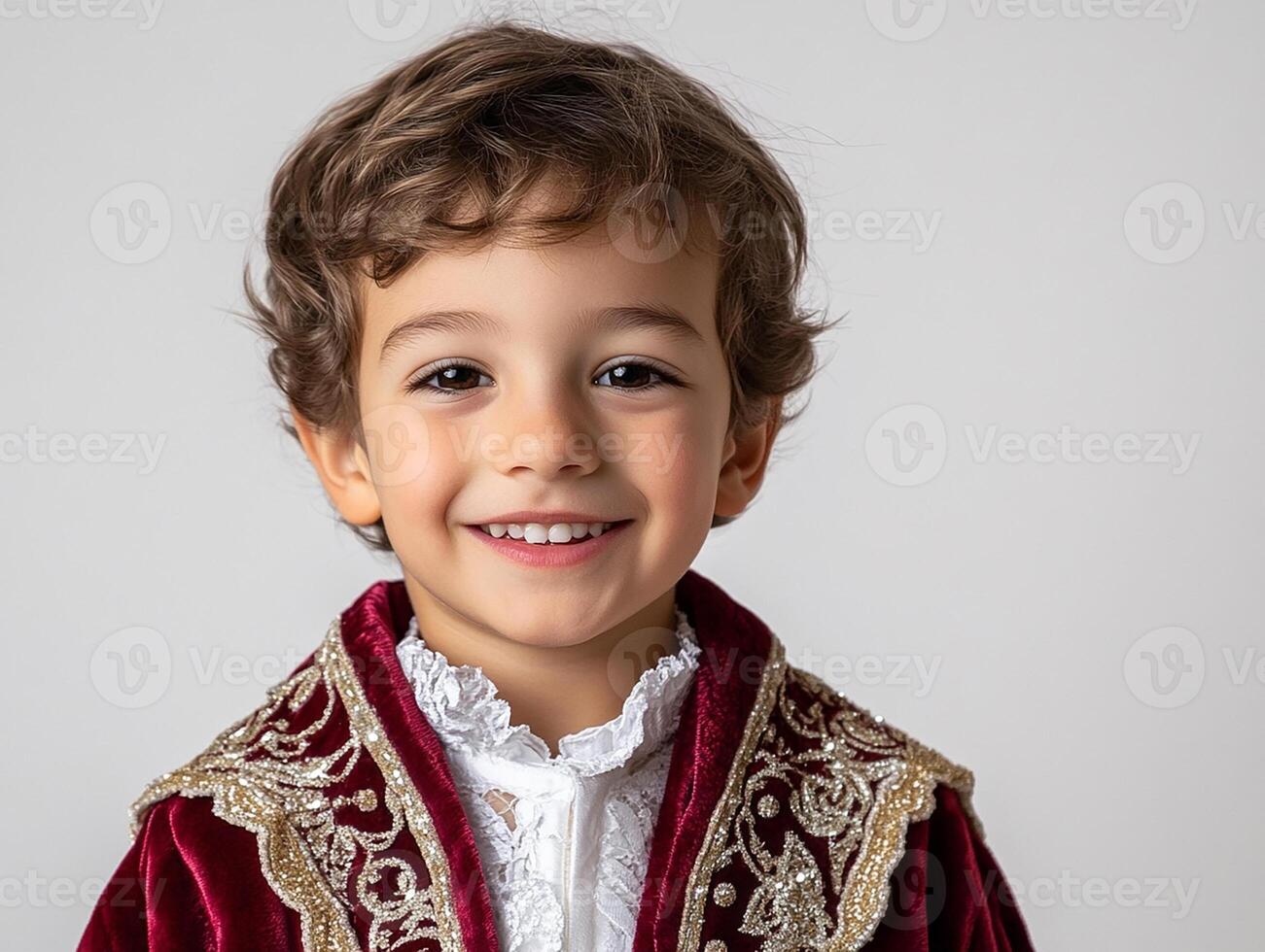 A young boy in a red velvet robe and gold trim photo