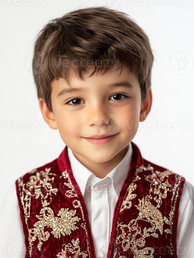 A young boy in a red vest and white shirt photo
