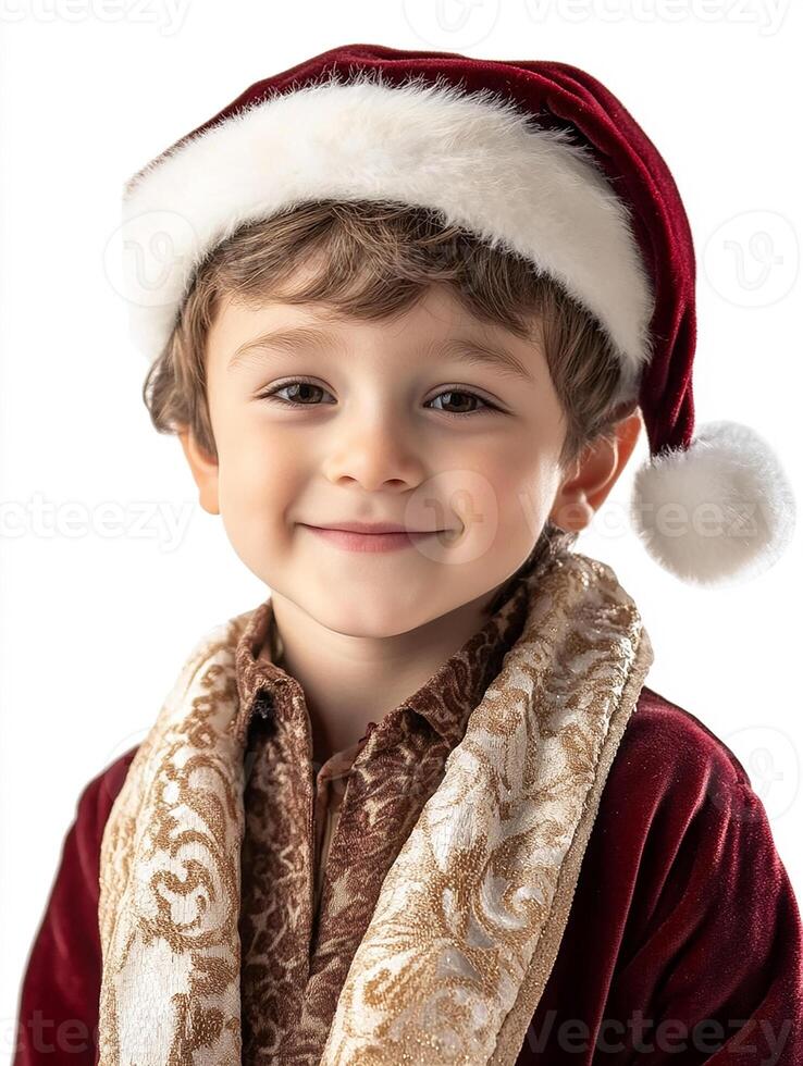 A young boy in a santa hat and robe photo