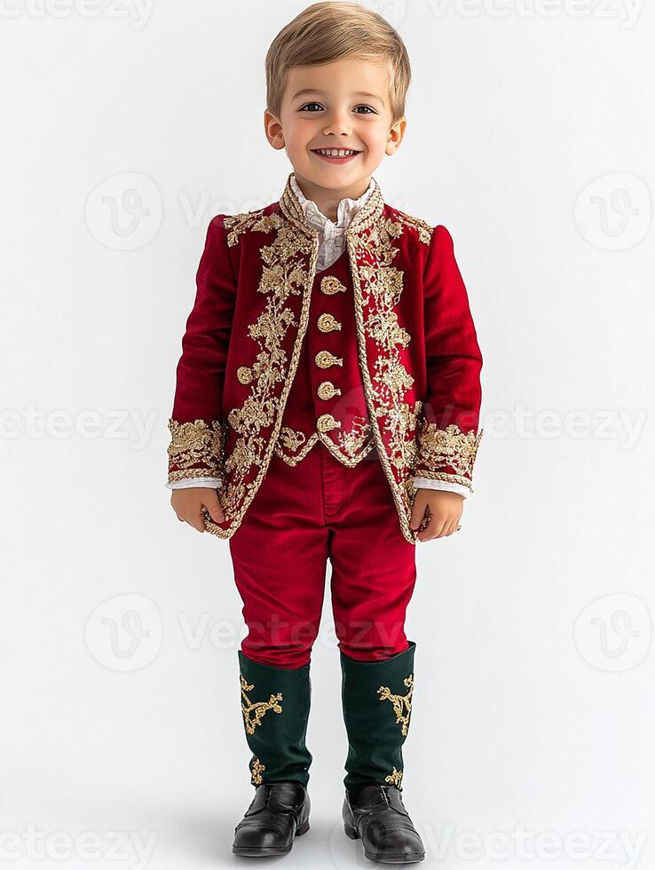 A young boy in a red and gold suit photo