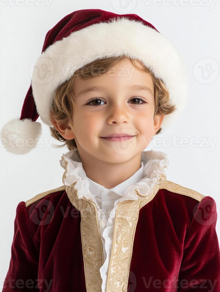 A young boy in a santa hat and red velvet suit photo