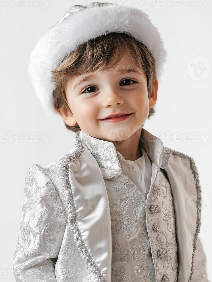 A little boy in a silver suit and hat photo
