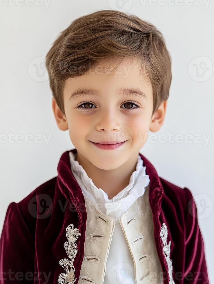 A young boy in a red velvet jacket and white shirt photo