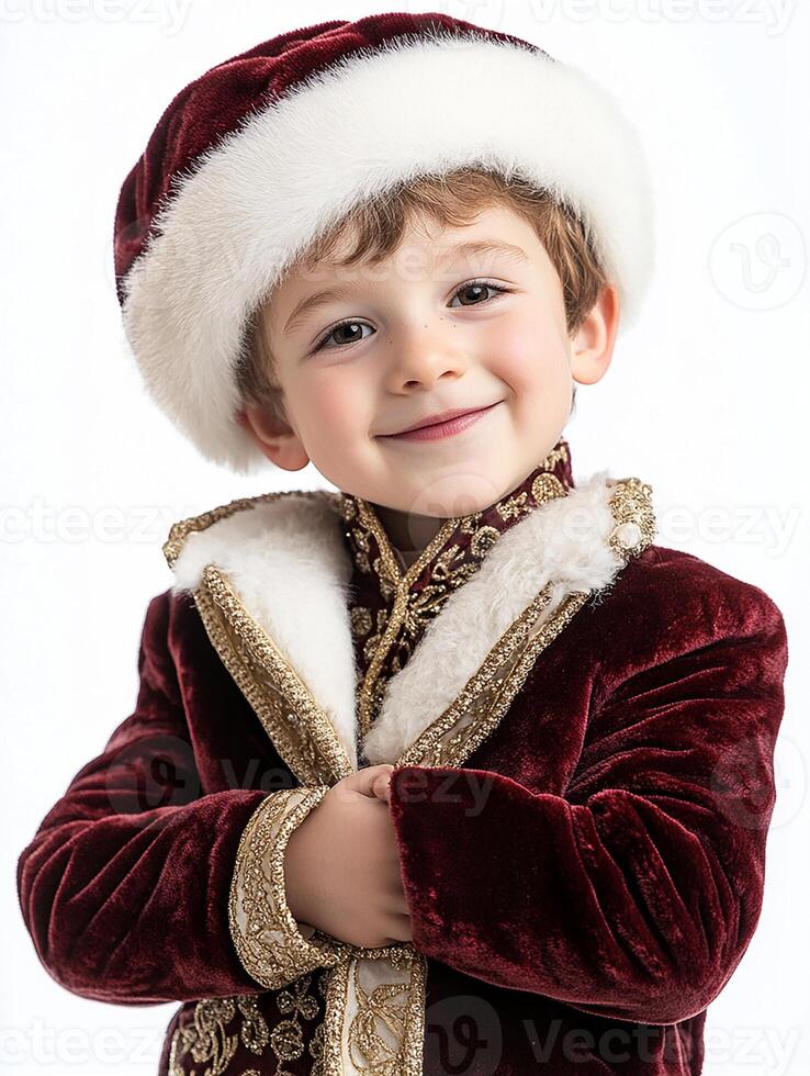 A young boy in a santa hat and velvet suit photo