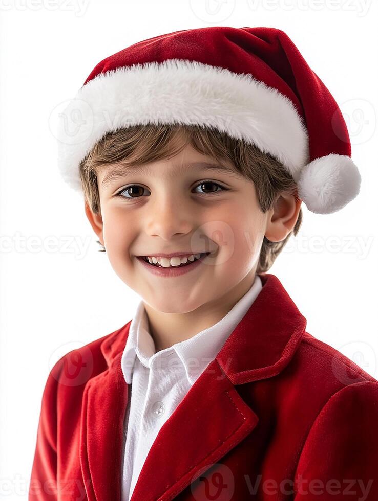 A young boy wearing a santa hat and suit photo