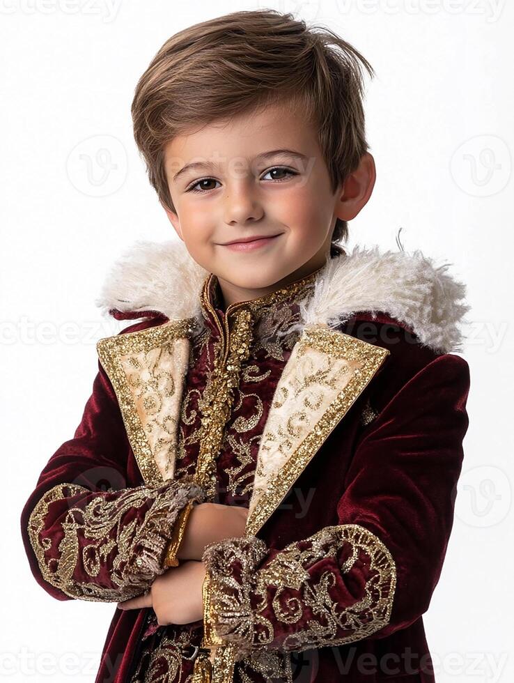 A young boy dressed in a red velvet costume photo