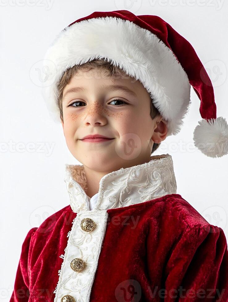 A young boy wearing a santa suit and hat photo