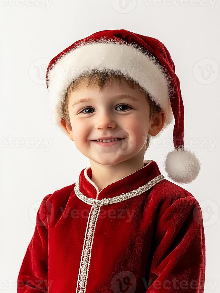 A young boy in a santa suit smiling photo