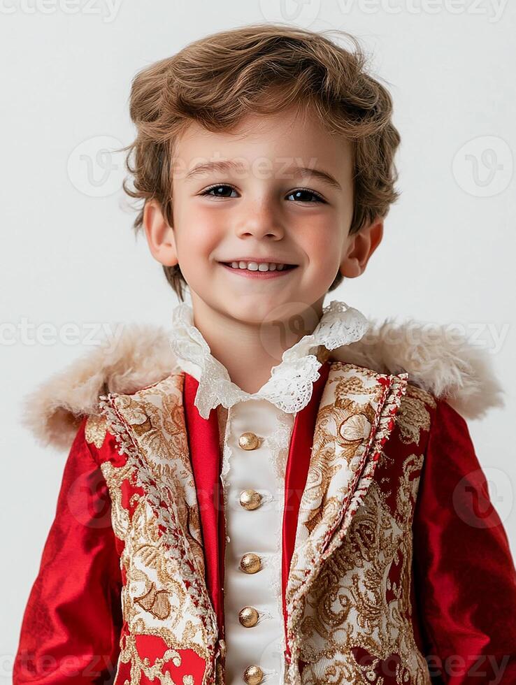 A young boy in a red and gold costume photo