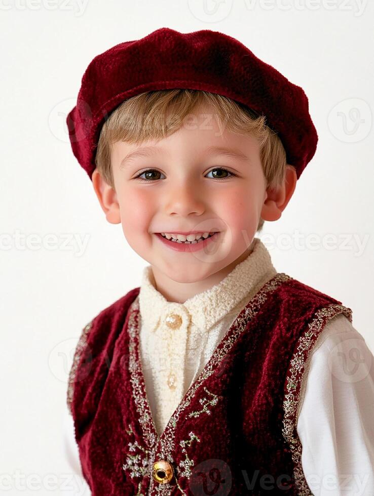 A boy in a red velvet vest and hat photo