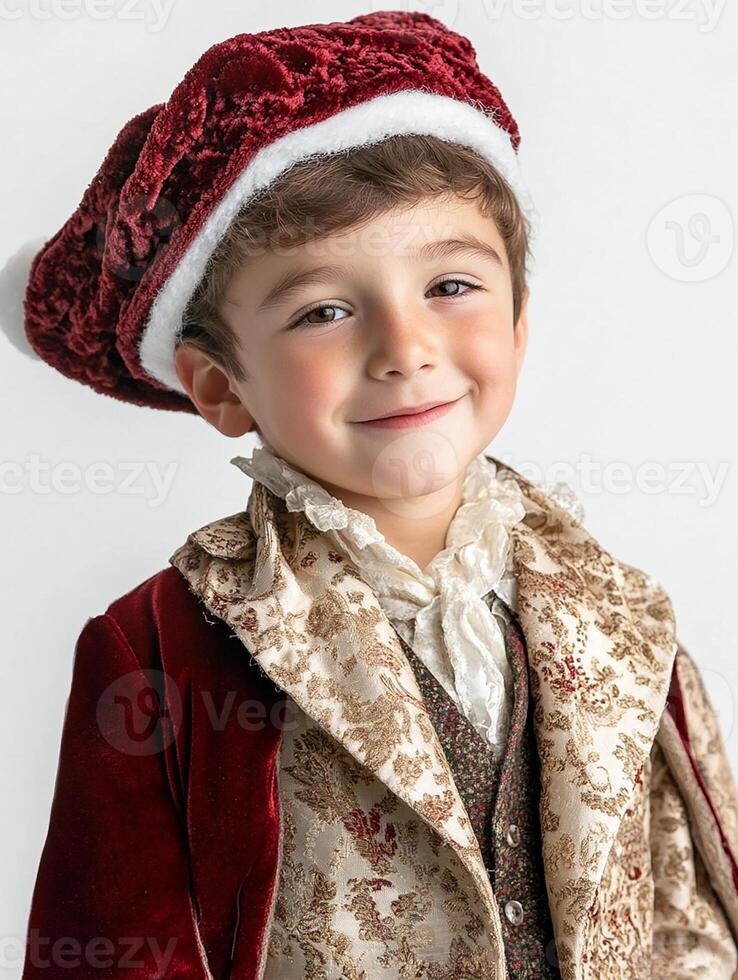 A young boy dressed in a santa hat and coat photo