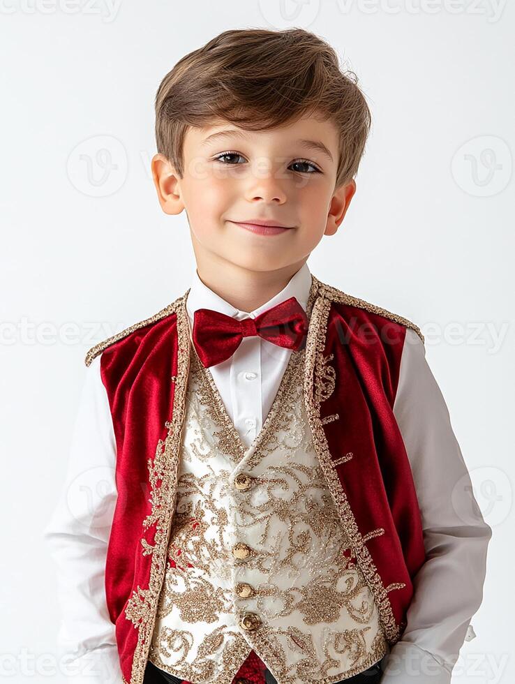 A young boy in a red and gold vest photo