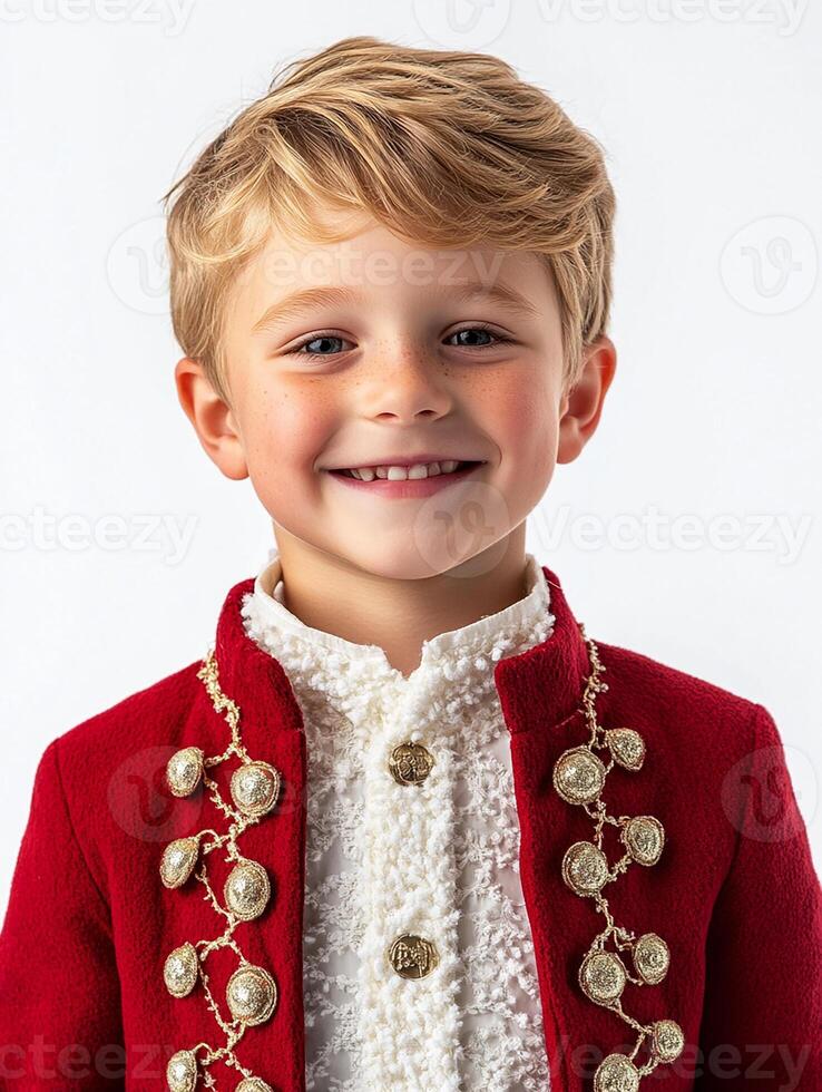 A young boy in a red coat and white shirt photo