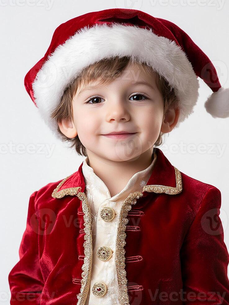 A young boy in a santa suit posing for a picture photo