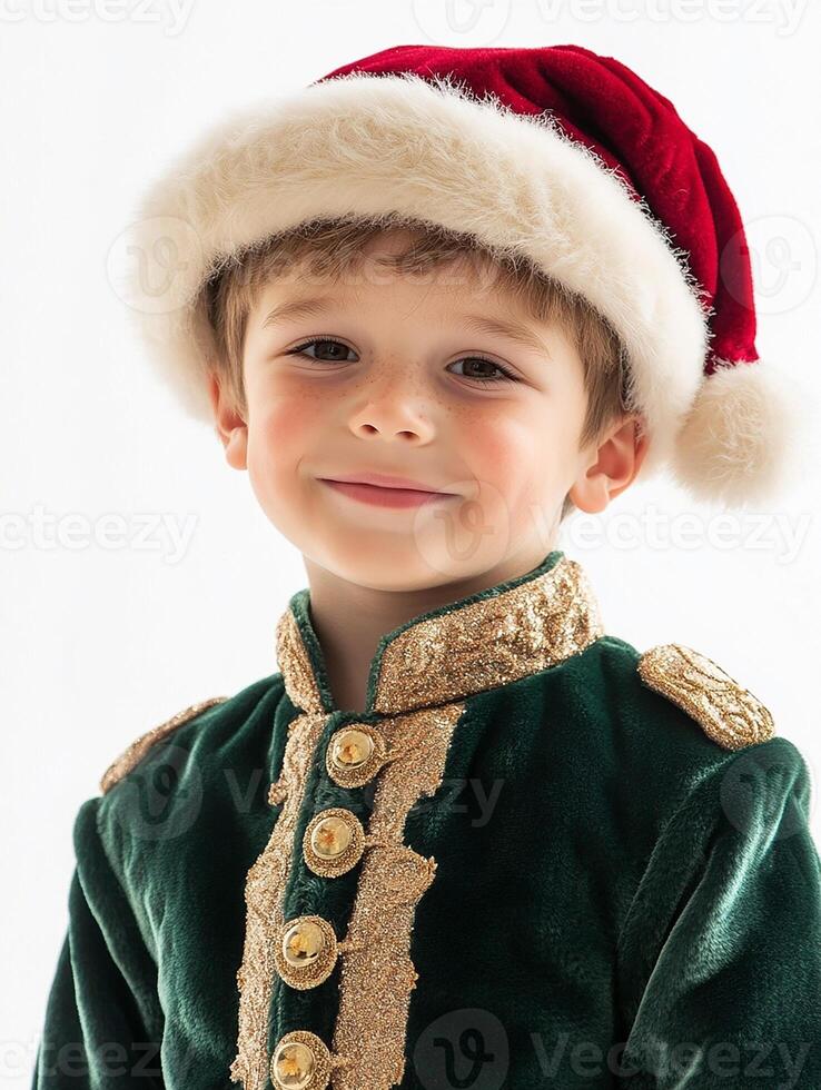 A boy in a green velvet suit and a red santa hat photo
