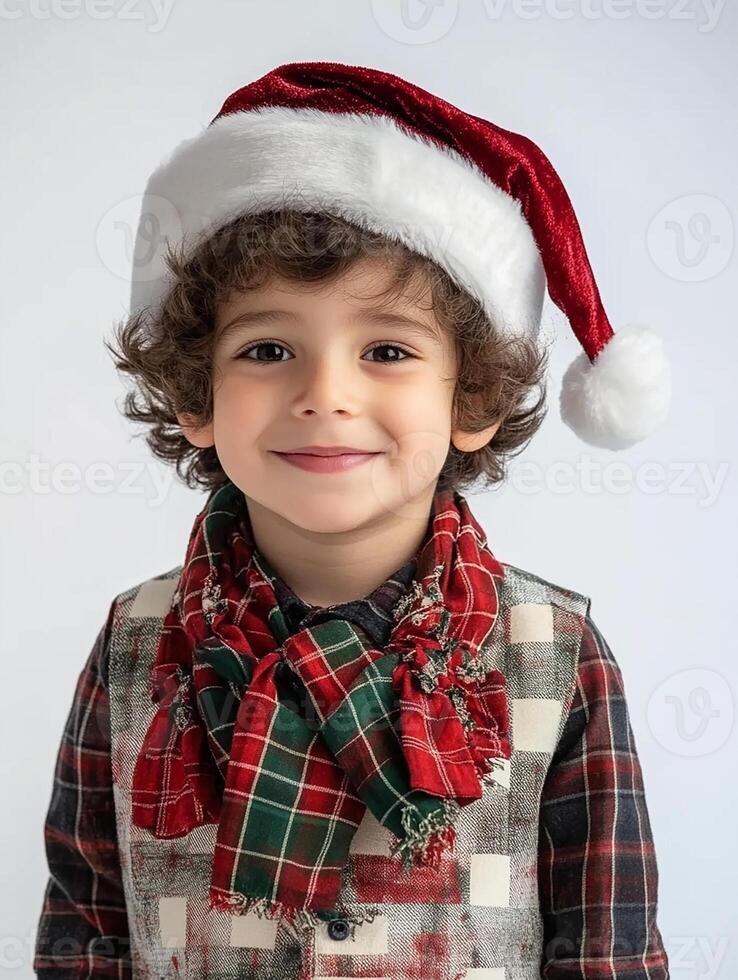 A young boy wearing a santa hat and plaid shirt photo