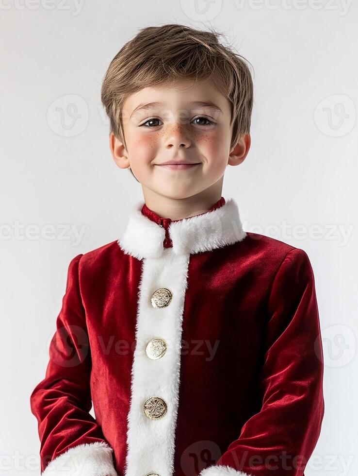 A young boy in a red santa suit photo
