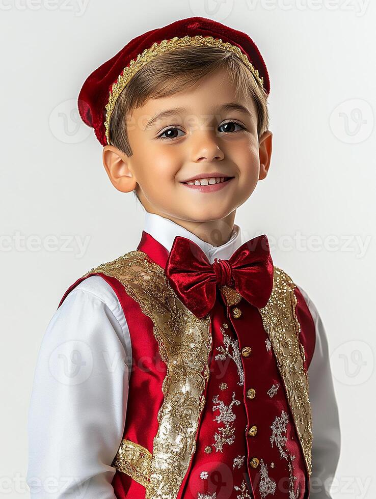 A young boy in a red vest and bow tie photo