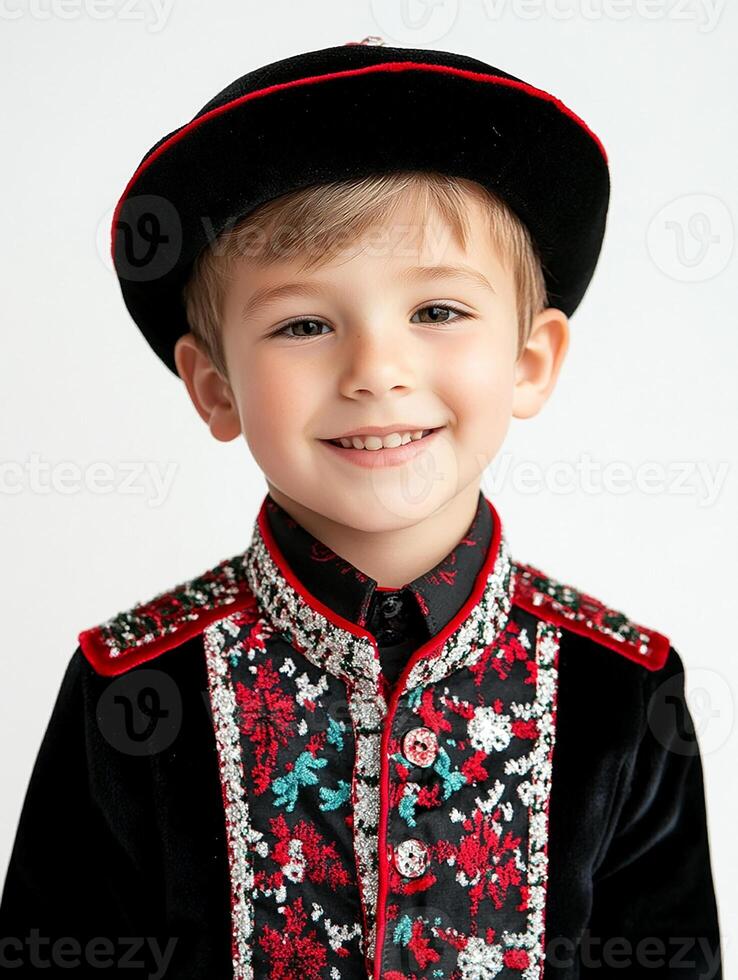 A young boy in a black velvet outfit with red and black embroidery photo