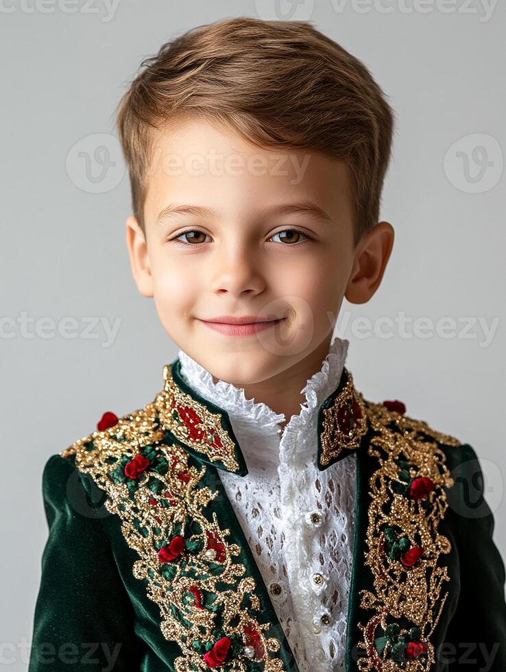 A little boy in a green velvet suit photo