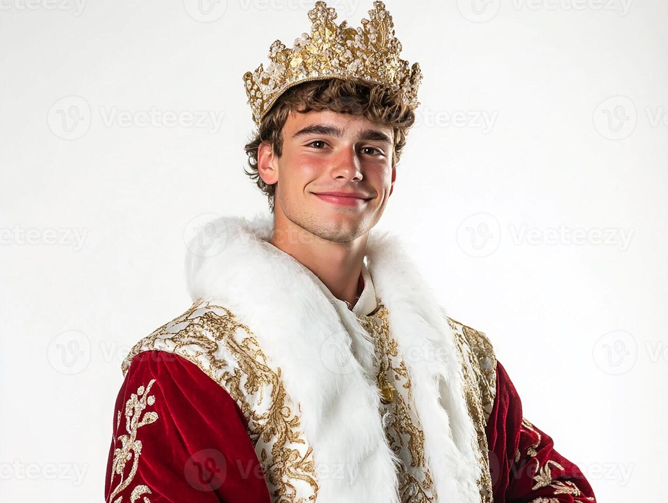 A young man in a gold and red outfit with a crown photo