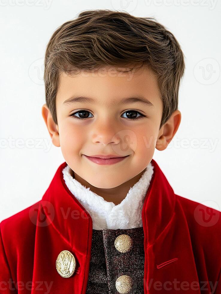 A young boy in a red coat and white shirt photo