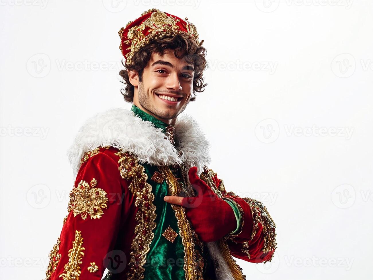 A man dressed in a red and green costume photo