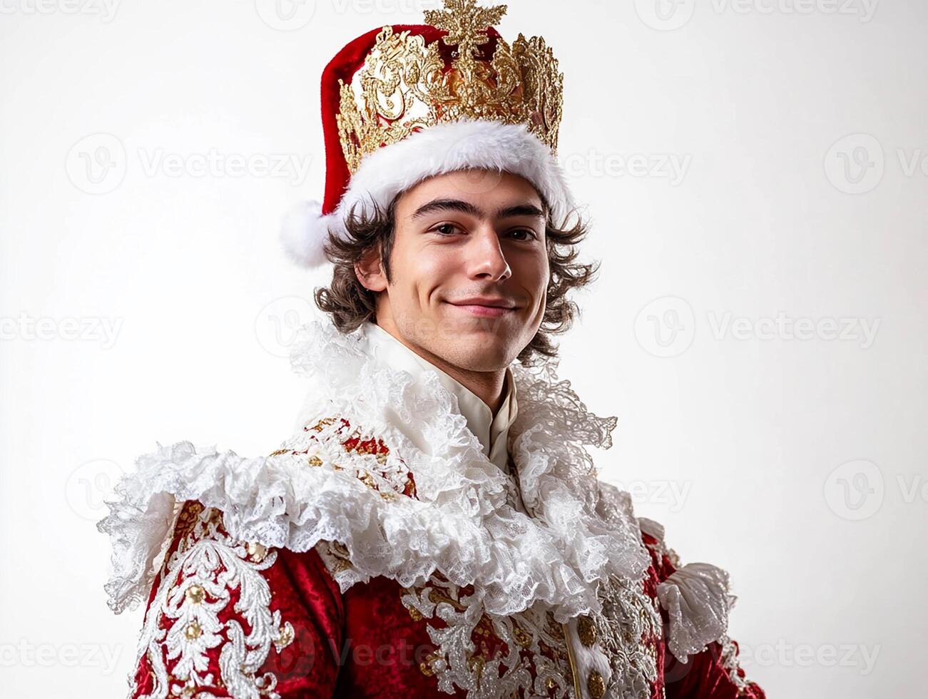 A man in a red and gold costume with a santa hat photo